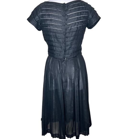 Vtg 50s Carlye Midi Dress 6/8 Black Pleated Cotton Mid Century Made in USA 60s - Picture 3 of 8